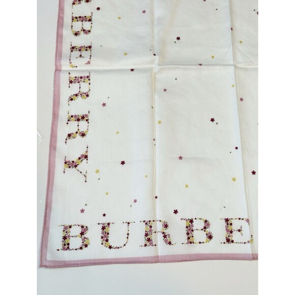 Burberry Scarf White w/ Pink Floral Pattern & Large Monogram Logo Flowers - Picture 6 of 9